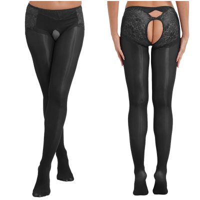 US Women See-through Floral Lace Tights Cutout Pants Glossy Crotchless Pantyhose